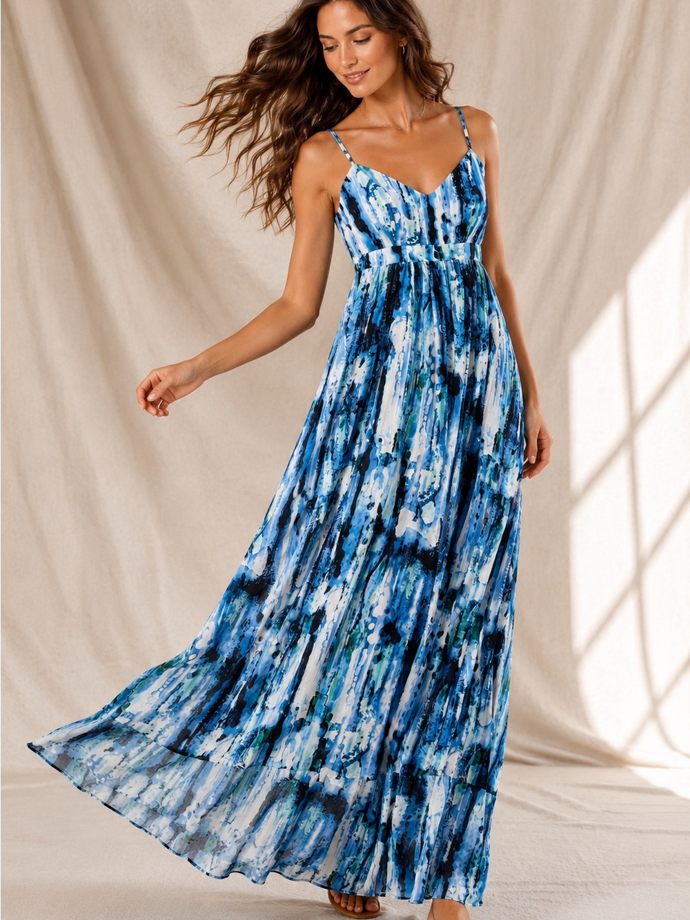 Blue Watercolor Maxi Dress XL Empire Waist Sleeveless Resort Beach Boho